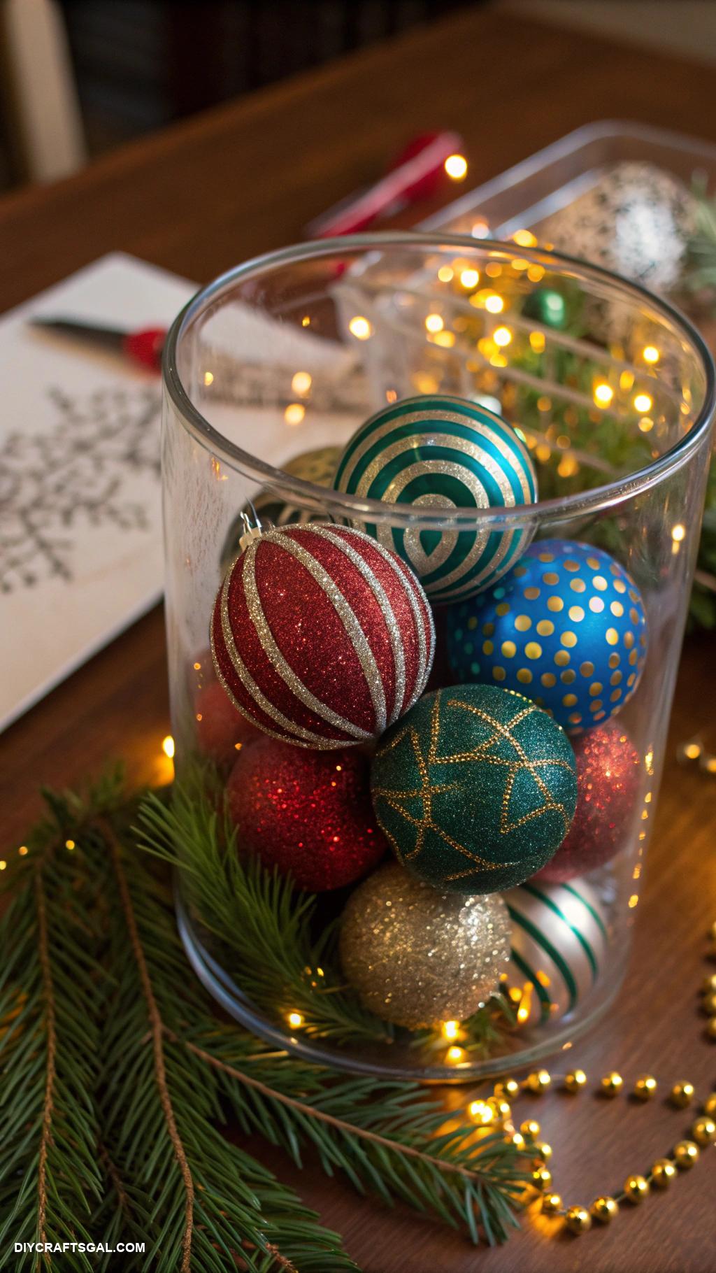 diy christmas ornaments Glass jar filled with colorful baubles