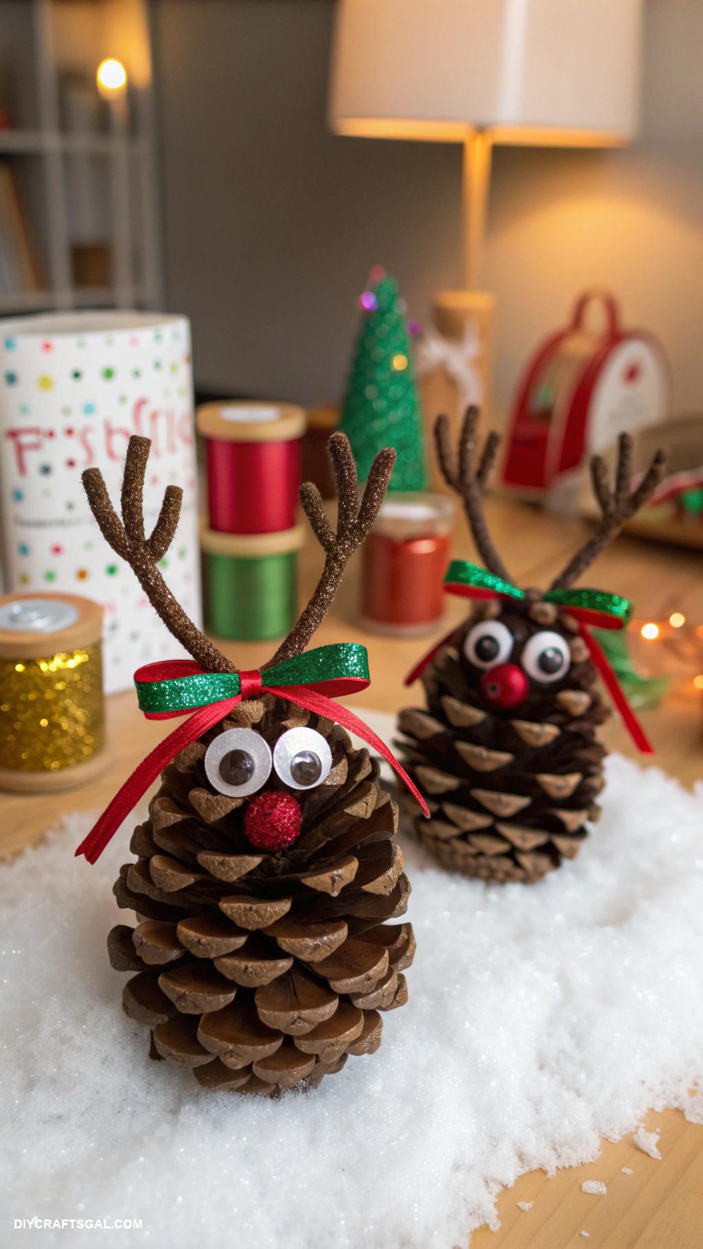 diy christmas ornaments Pinecone reindeer with googly eyes
