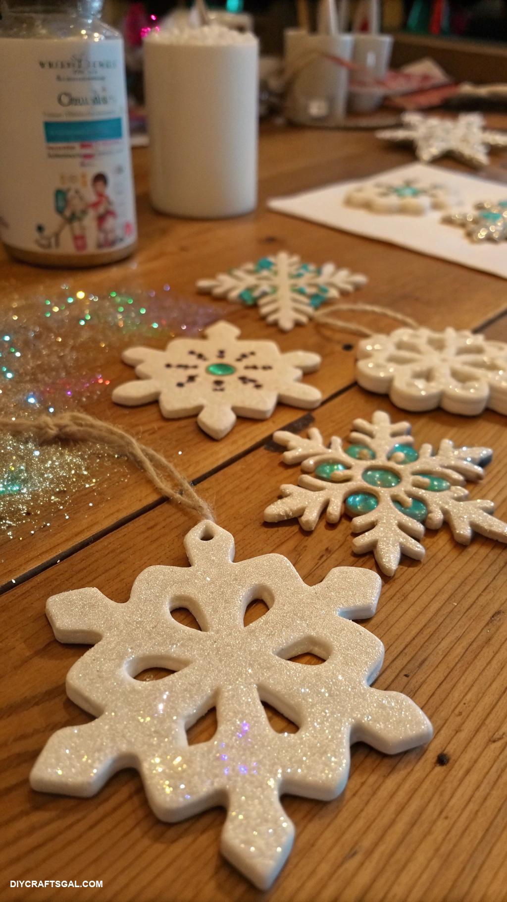 diy christmas ornaments Salt dough snowflakes with glitter