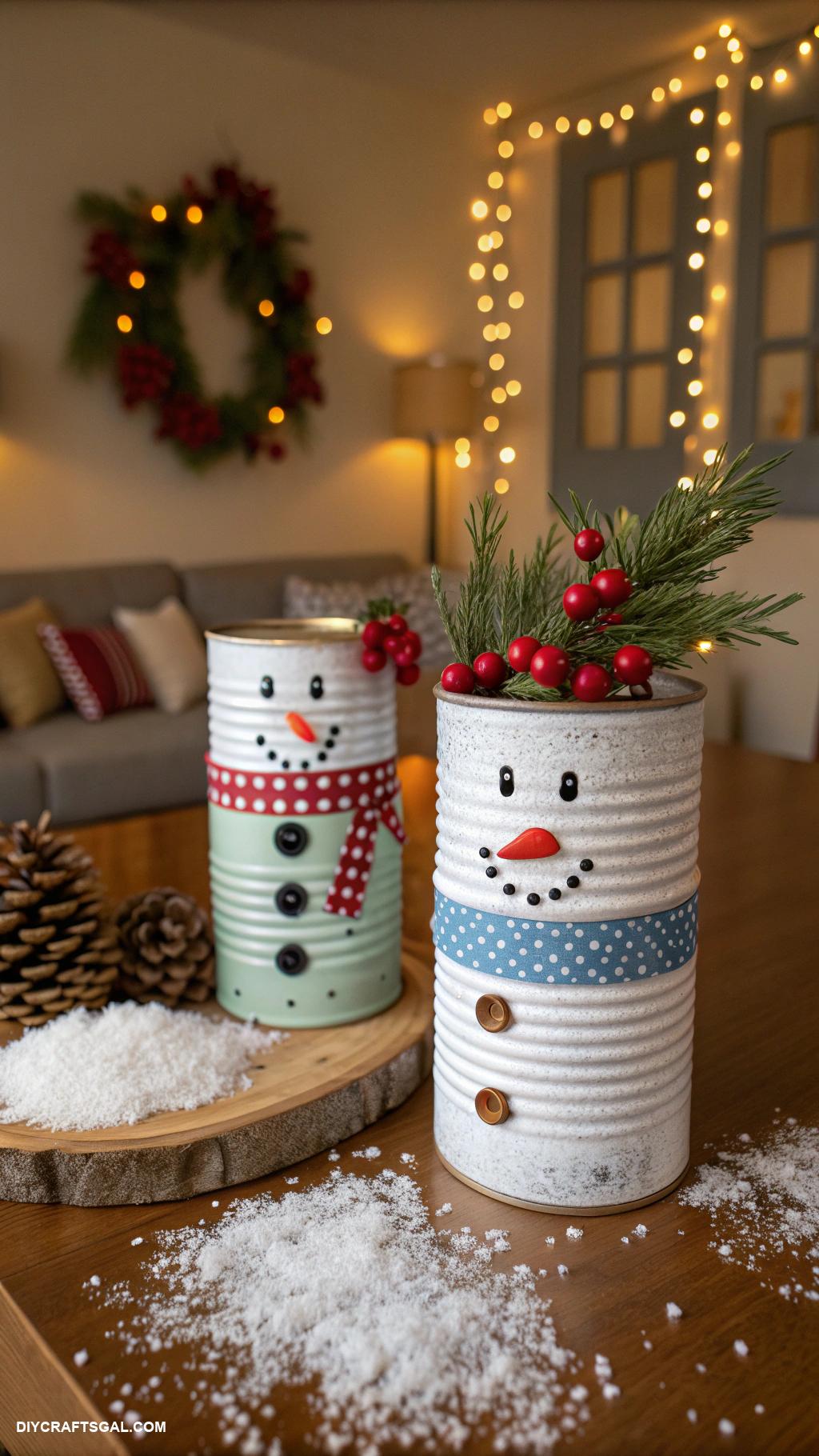 diy christmas ornaments Upcycled tin can snowmen