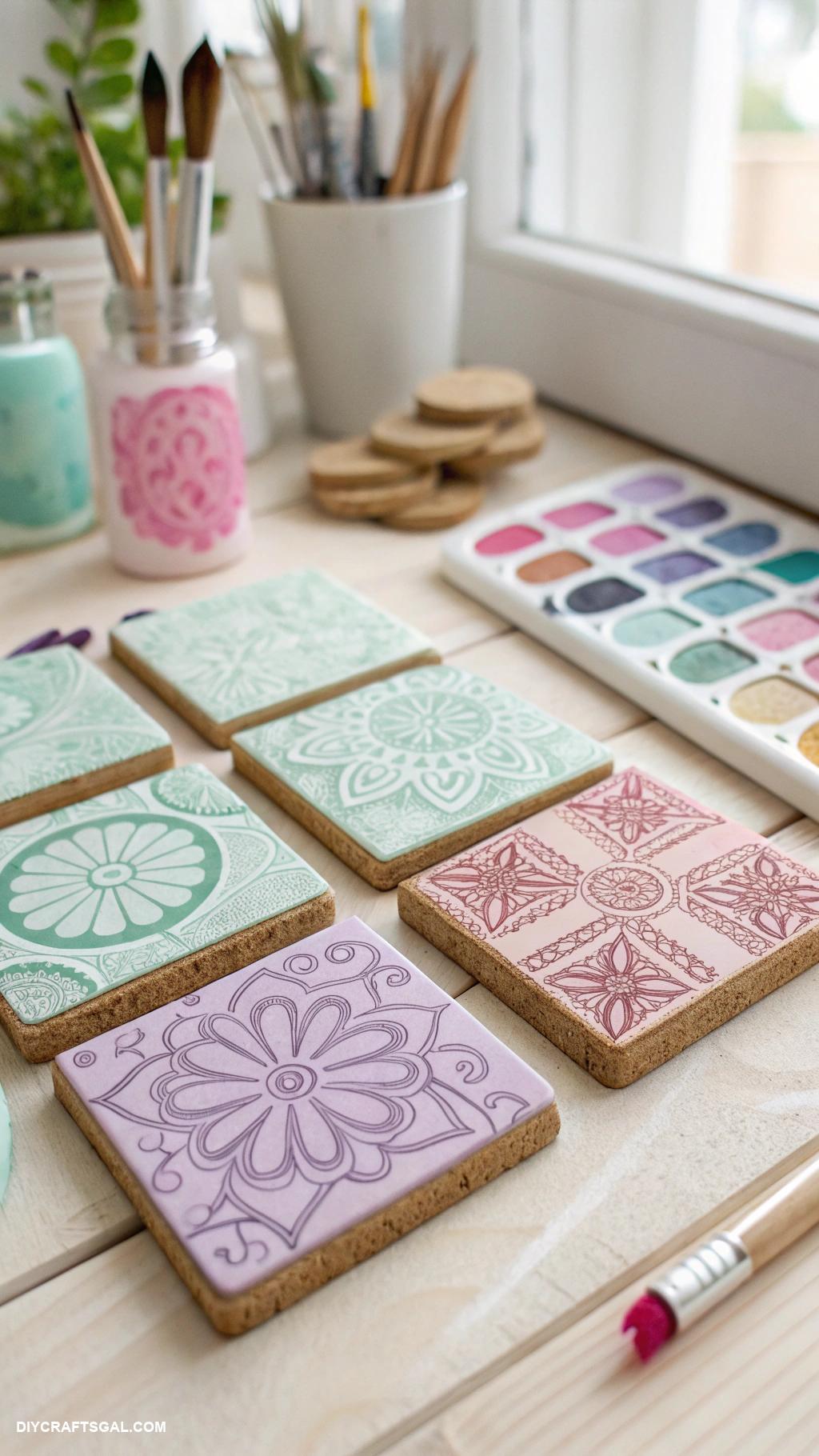 diy coasters Stamp painted corkboard squares