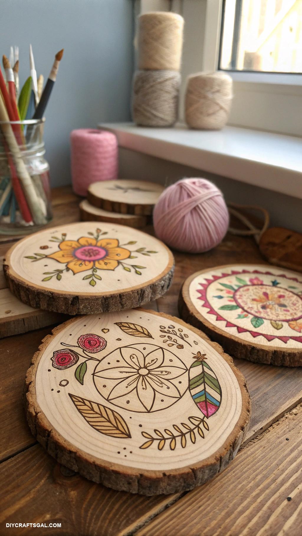 diy coasters Wood slices with woodburned designs