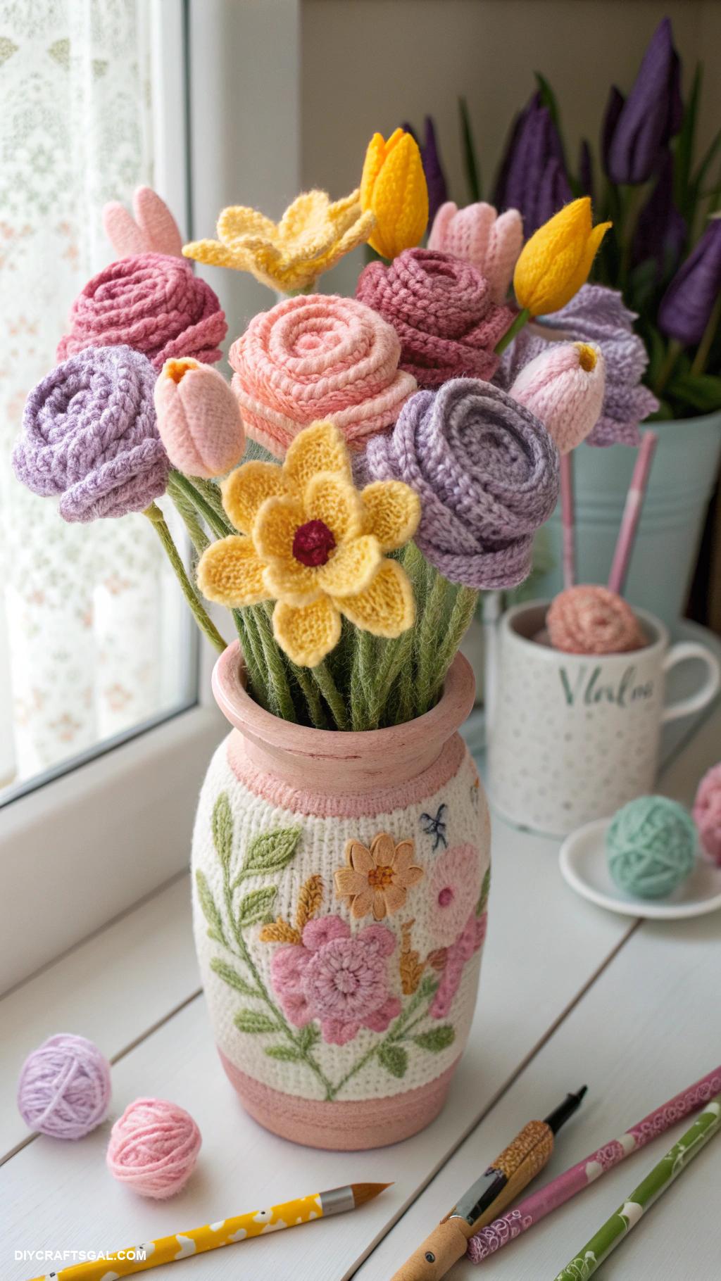 diy crochet flower vase ideas Bouquet of crochet flowers in vase
