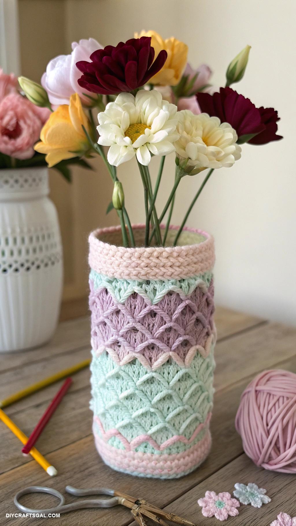 diy crochet flower vase ideas Crochet flower vase made from recycled yarn