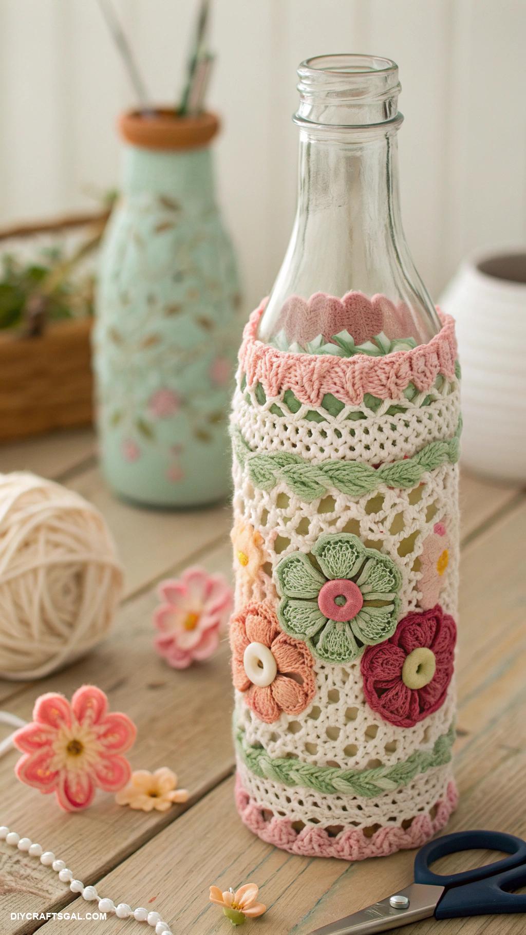 diy crochet flower vase ideas Crochet sleeve for glass bottle vase
