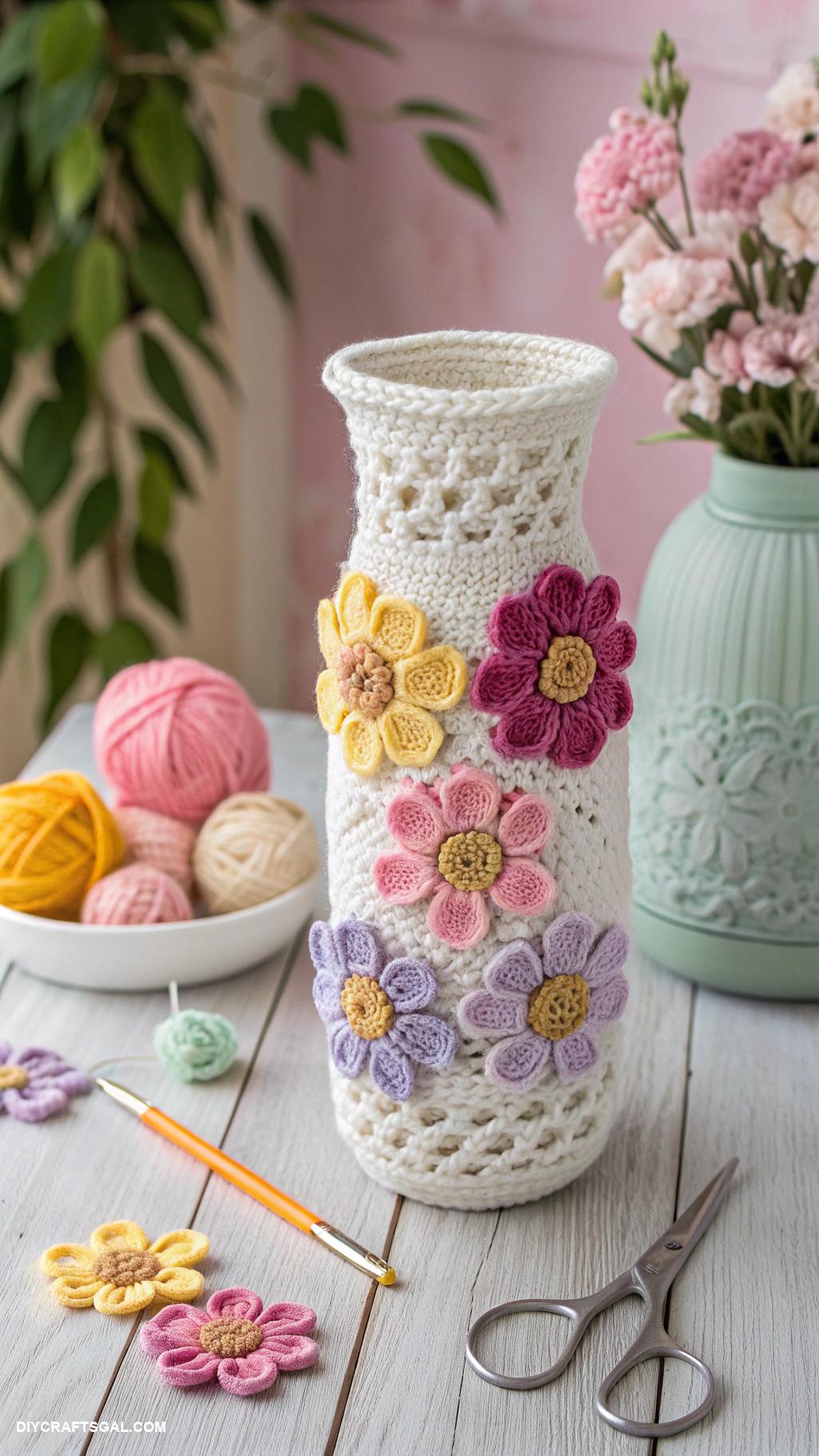 diy crochet flower vase ideas Crochet vase with colorful flower appliquys