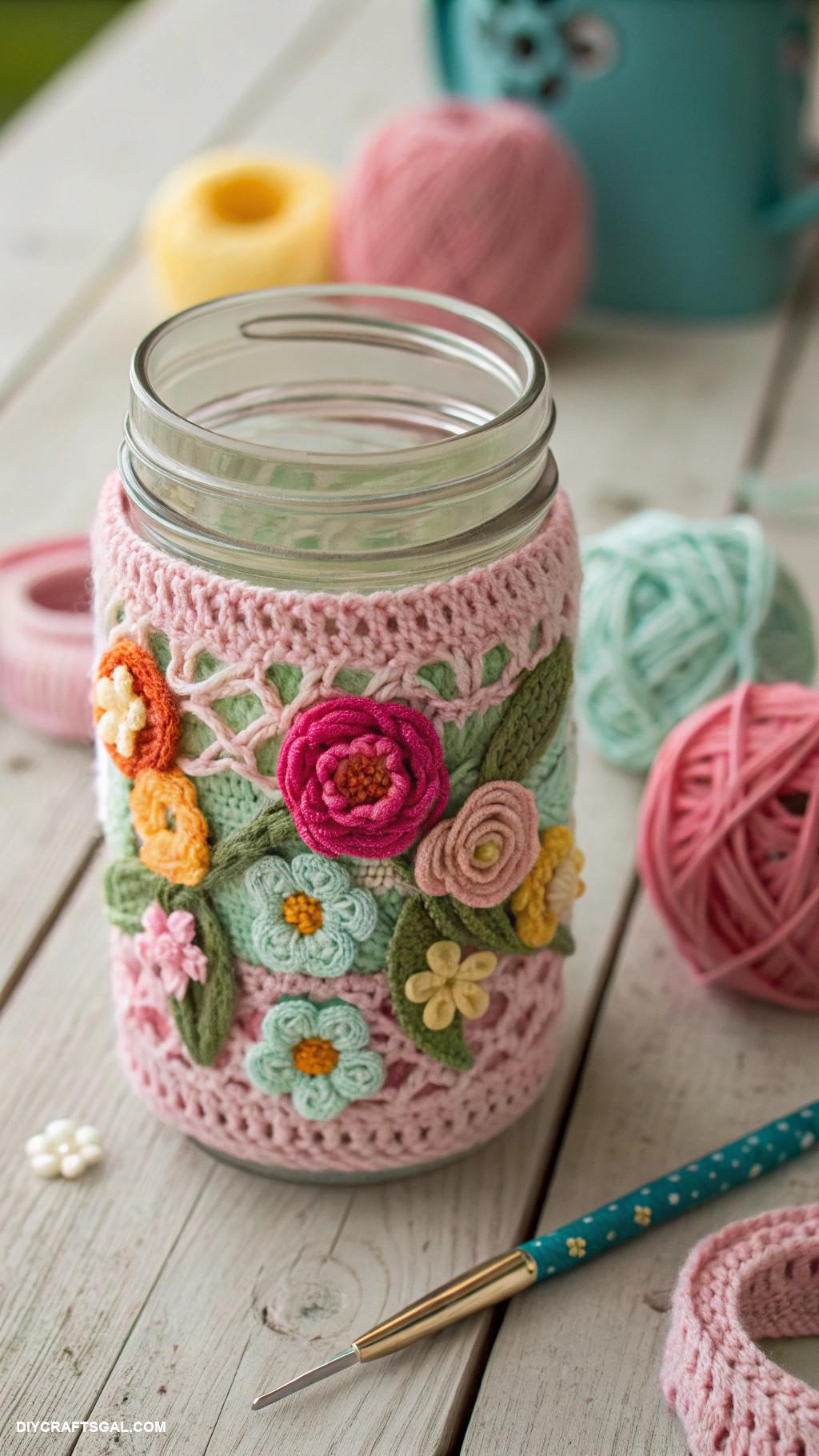 diy crochet flower vase ideas Mason jar wrapped in crochet flowers