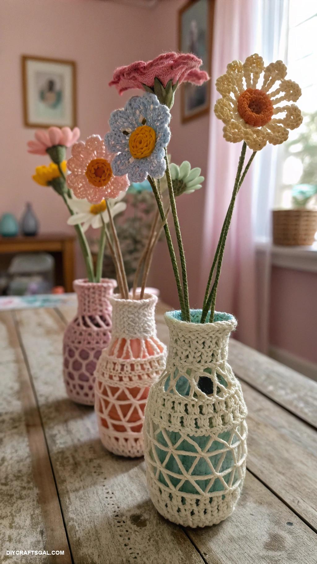diy crochet flower vase ideas Mini crochet vases with wire frames