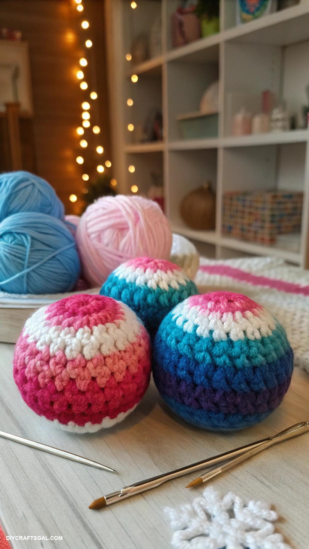 diy crochet snowballs Colorful ombre snowballs with multiple yarn shades