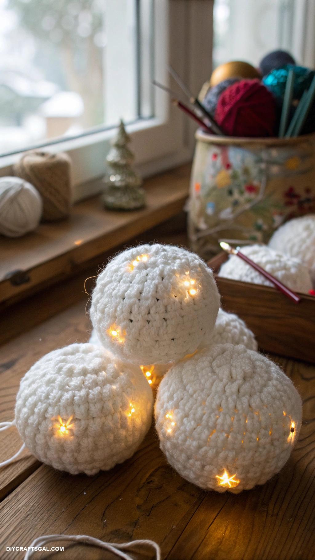 diy crochet snowballs Light up snowballs with battery operated LED lights