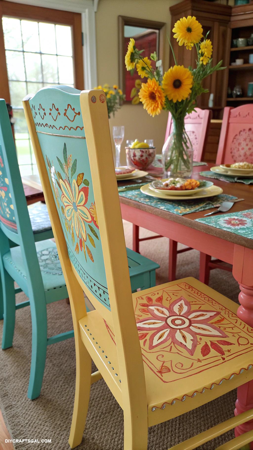 diy dining room decor Hand painted chairs in vibrant colors