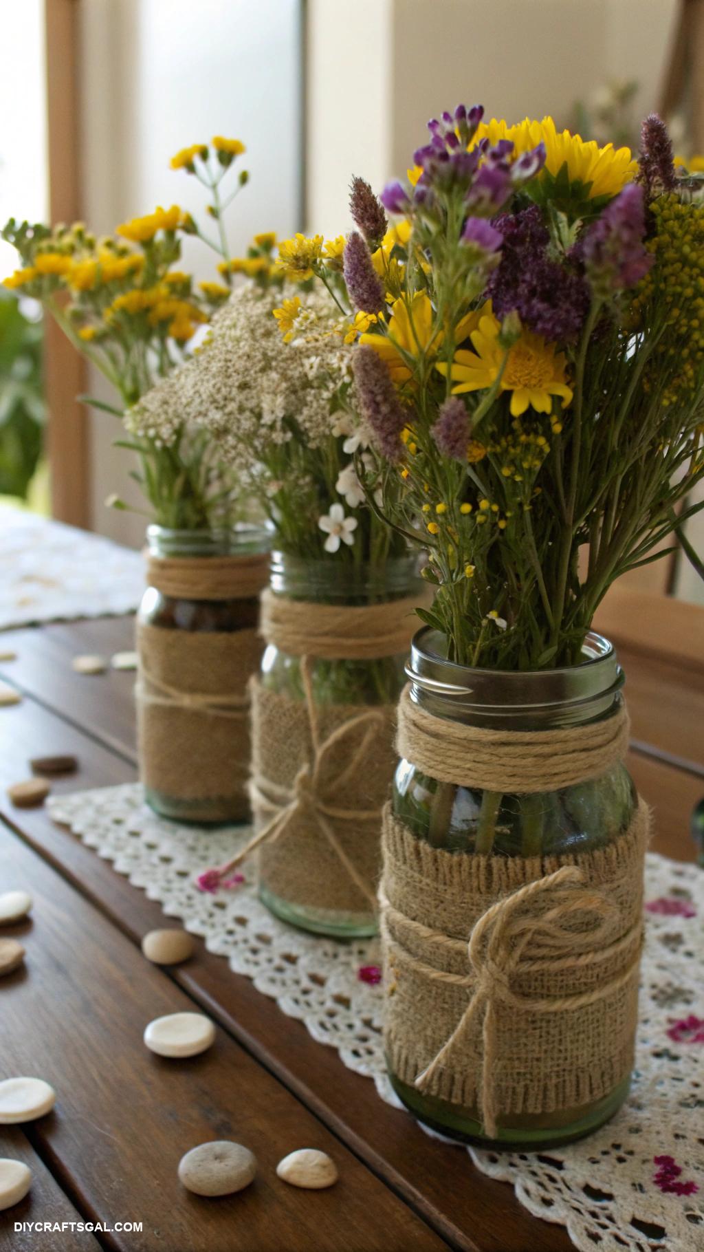 diy dollar tree centerpieces Burlap wrapped jars with wildflowers