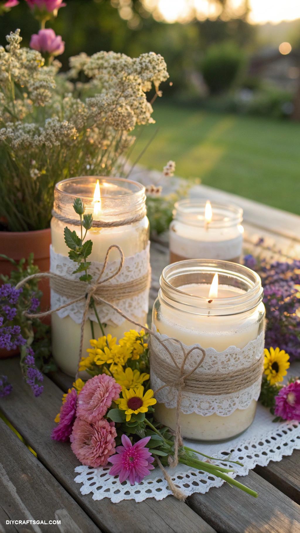 diy dollar tree centerpieces Mason jar candles with floral accents