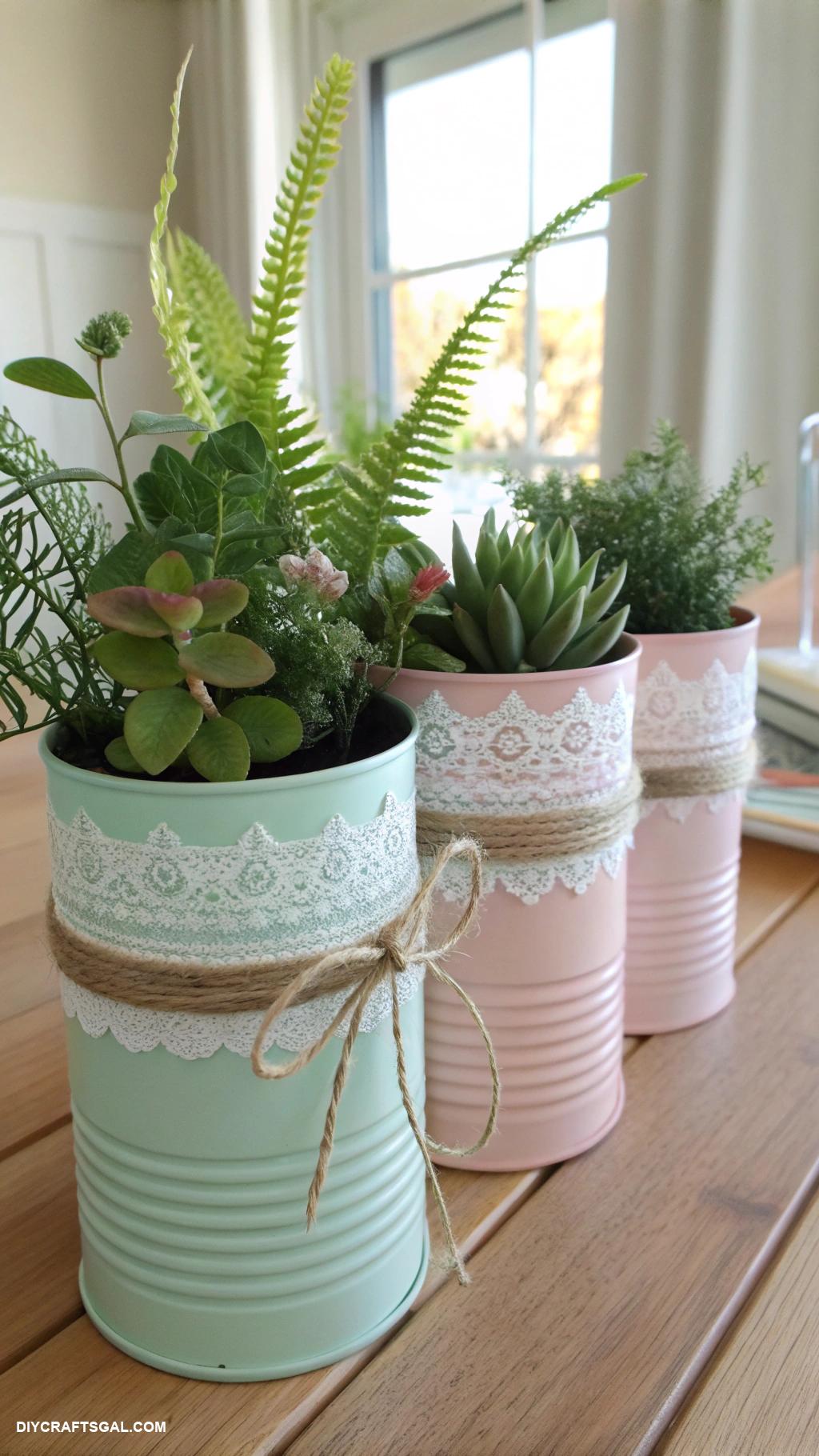 diy dollar tree centerpieces Painted tin cans with greenery