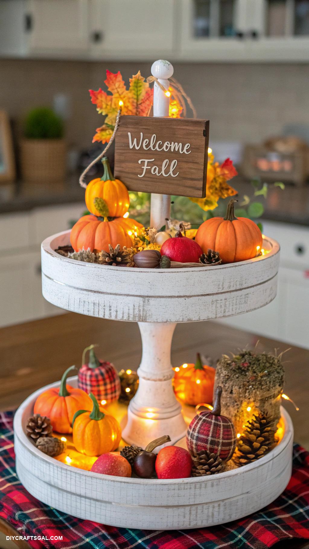 diy dollar tree centerpieces Tiered tray with seasonal decor items
