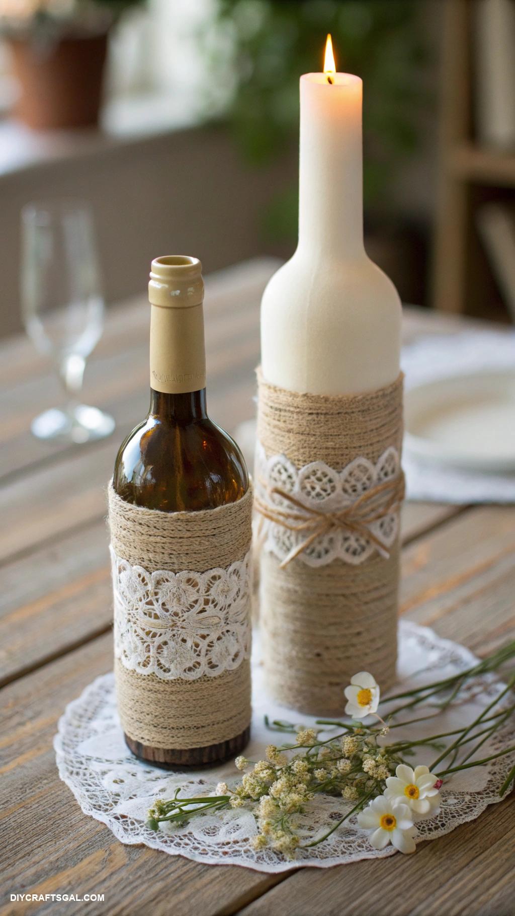 diy dollar tree centerpieces Wine bottle candle holders with lace