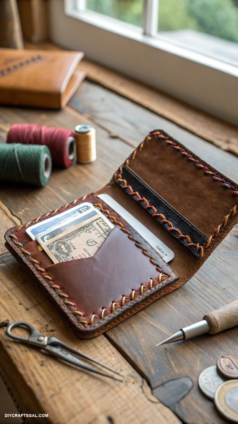 diy gifts for men Handmade leather wallet with decorative stitching