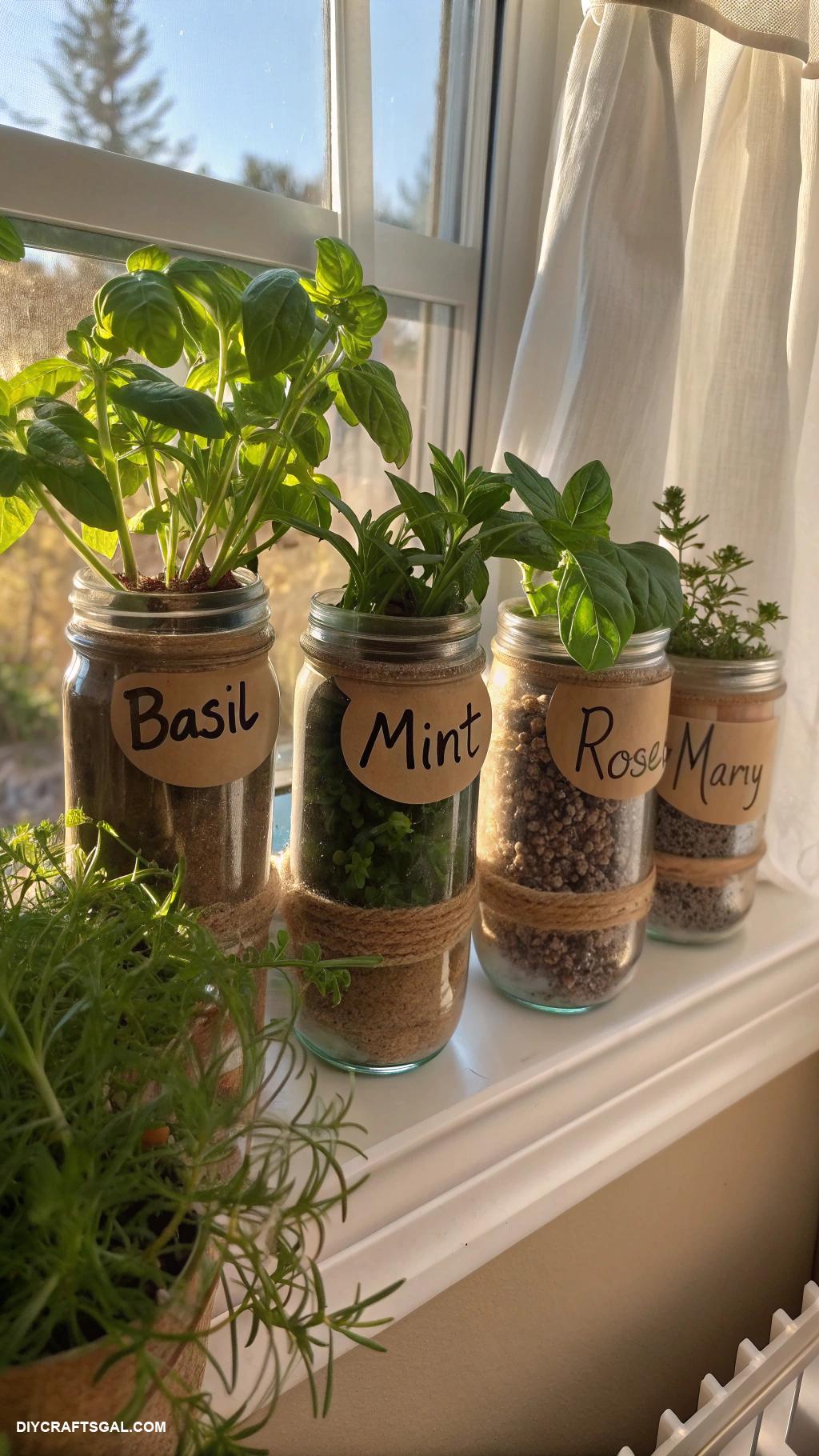 diy kitchen decor Mason jar herb garden on windowsill