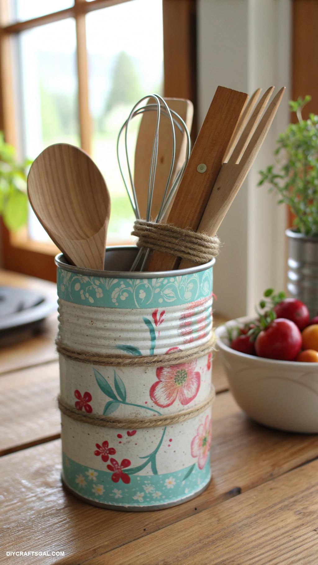 diy kitchen decor Repurposed tin can utensil holder