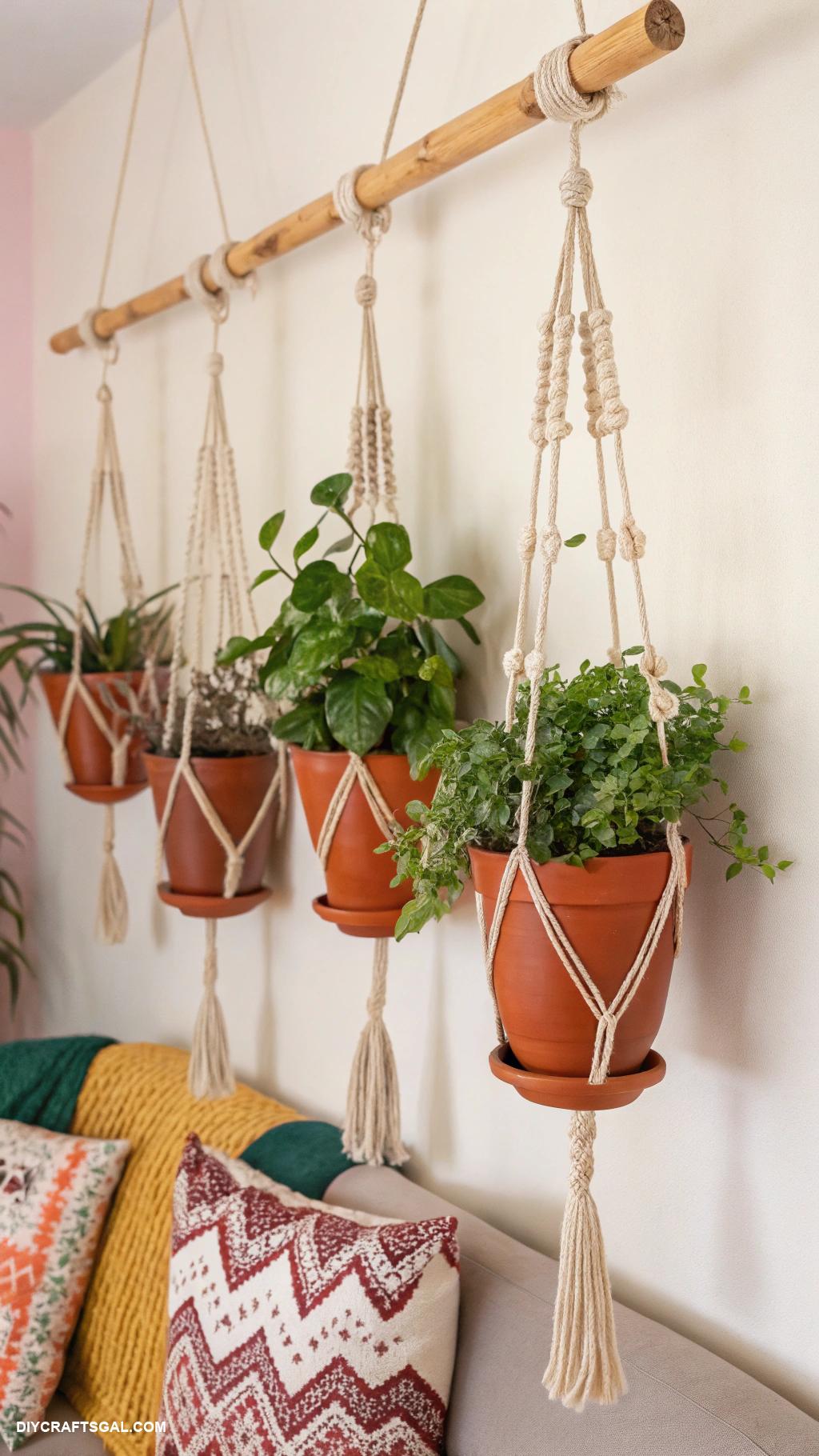 diy living room decor Hanging plant planters from wooden rods