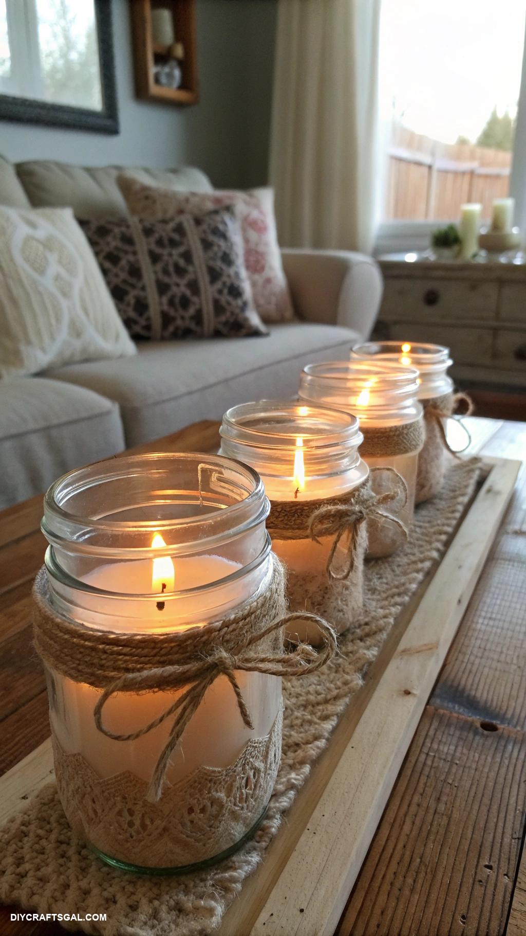 diy living room decor Mason jar candle holders with twine accents
