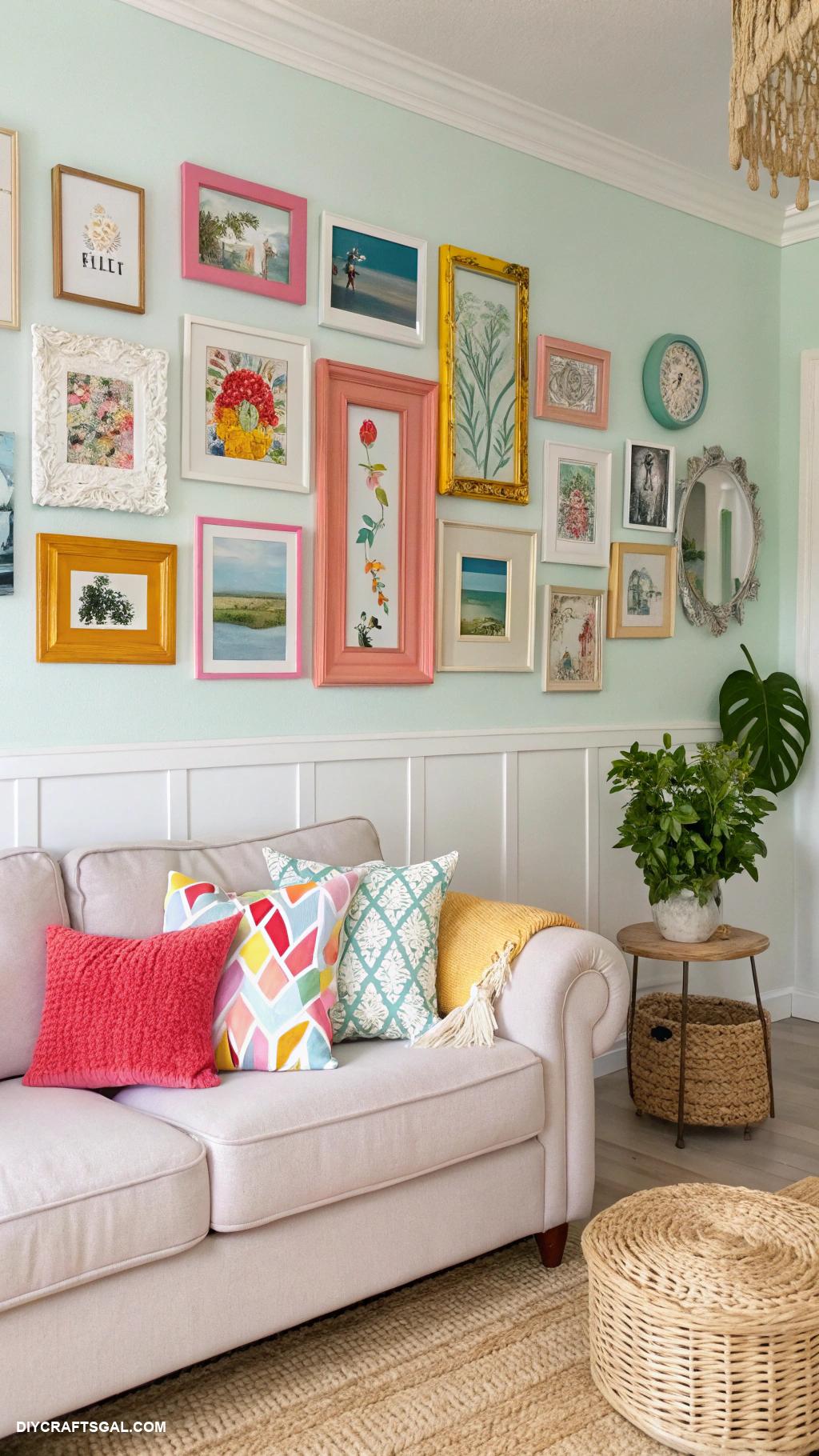 diy living room decor Photo gallery wall with colorful frames