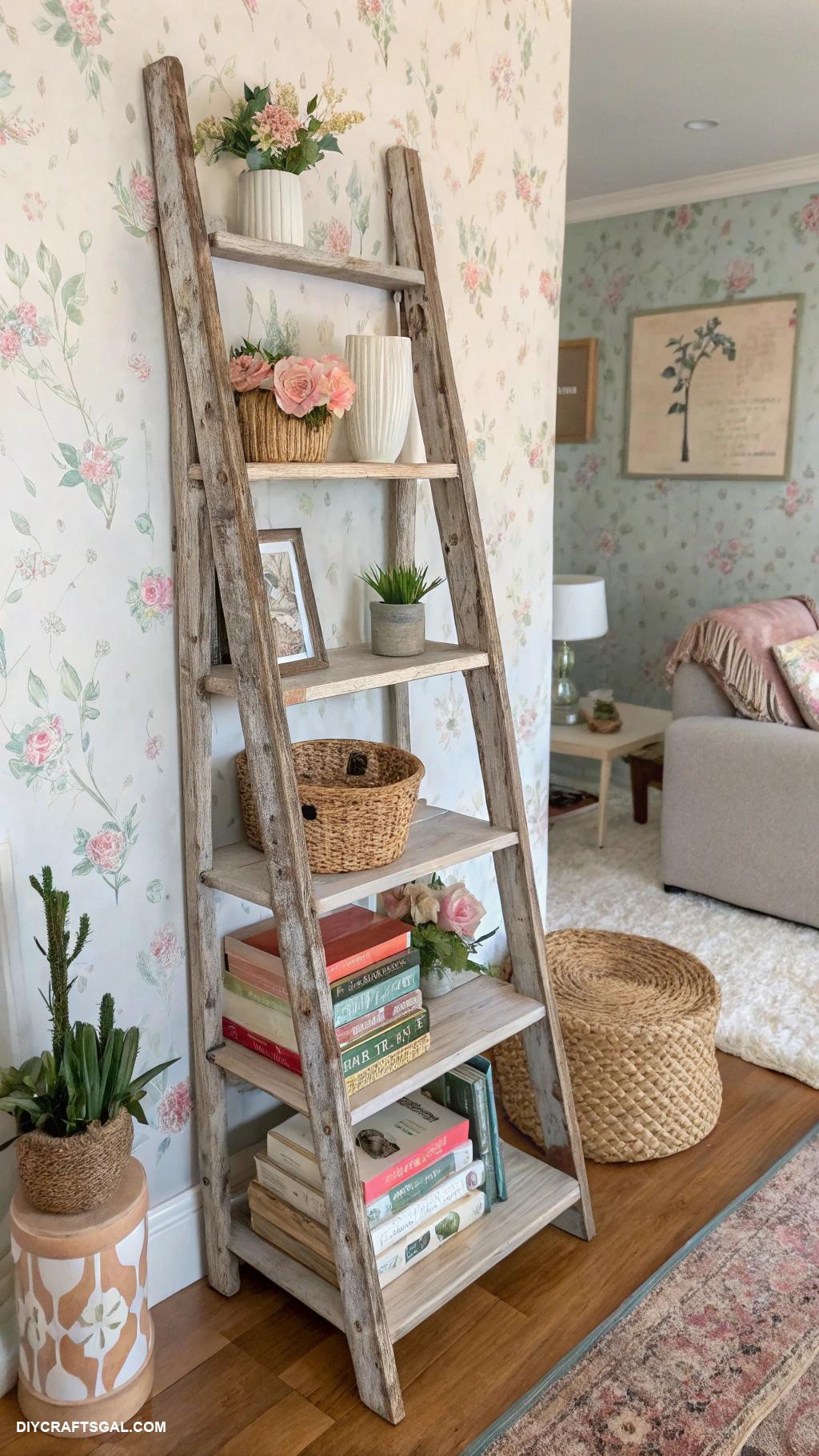 diy living room decor Repurposed ladder as a bookshelf display
