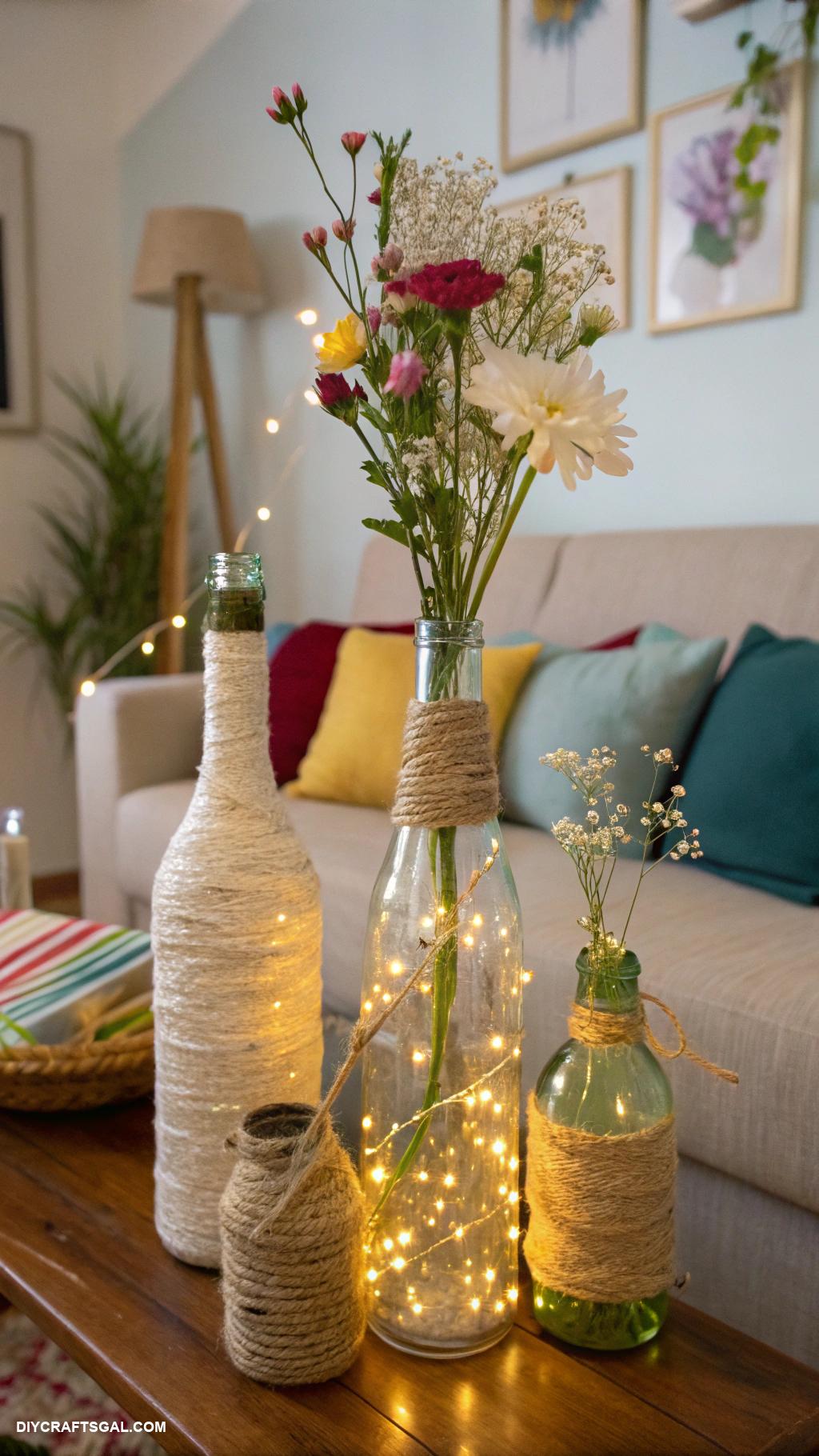 diy living room decor Upcycled glass bottle vases with fairy lights