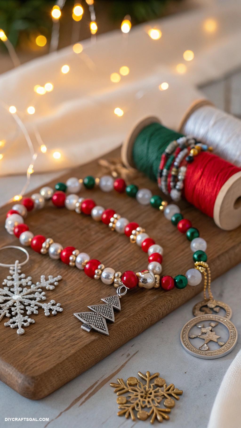 diy stretched beaded bracelets Holiday themed charms and festive beads