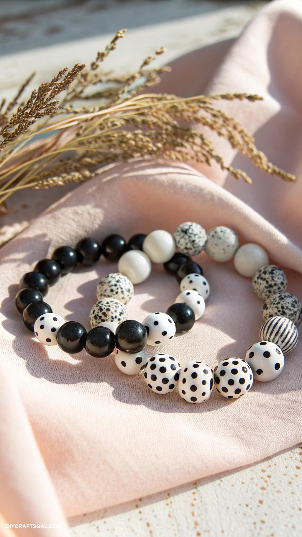 diy stretched beaded bracelets Minimalist black and white polka dots