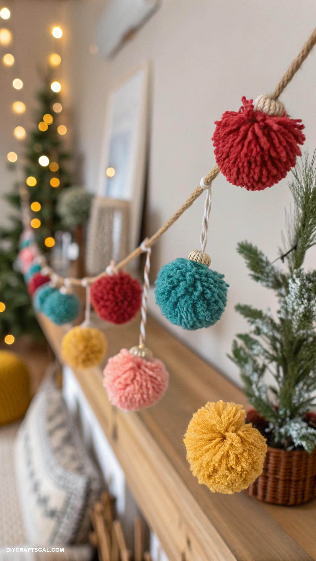 diy winter garlands Knitted yarn pom poms for colorful festivity
