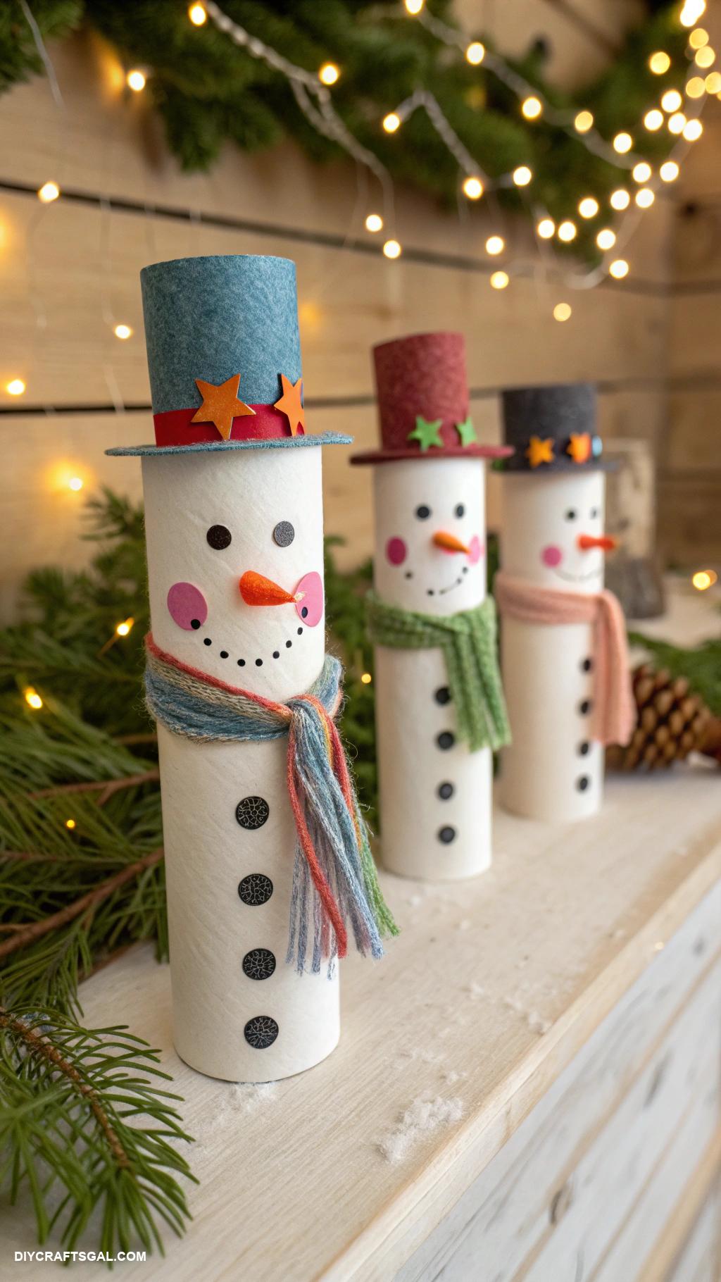 diy winter garlands Recycled paper tubes painted as snowmen
