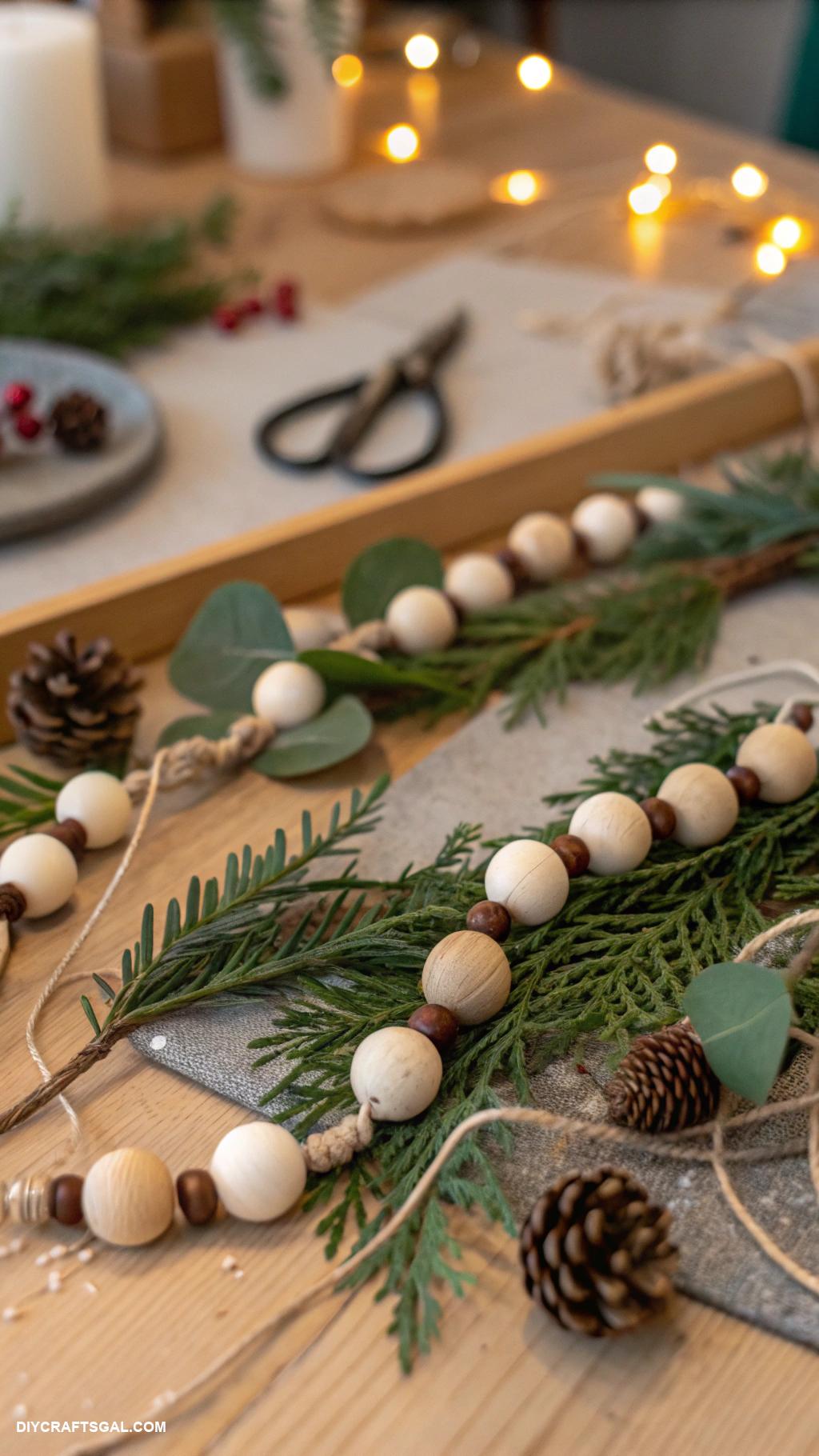 diy winter garlands Wooden beads and greenery for a natural touch