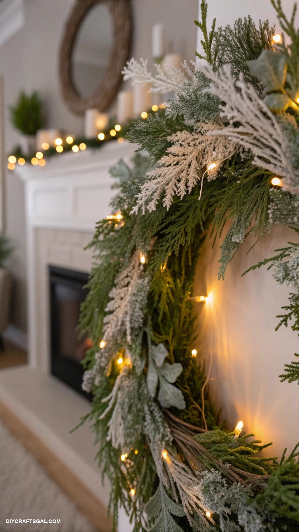 diy winter wreaths Frosted evergreen and twinkle lights