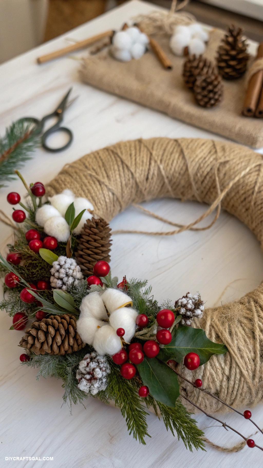 diy winter wreaths Jute rope with winter florals
