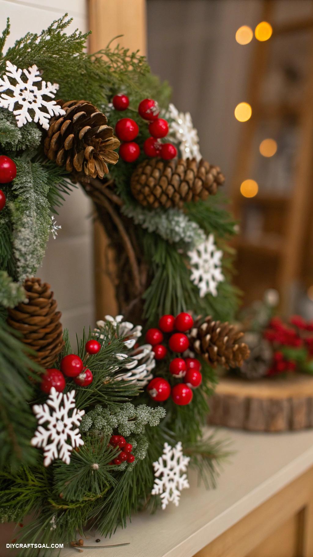 diy winter wreaths Pinecone and berry embellished wreath
