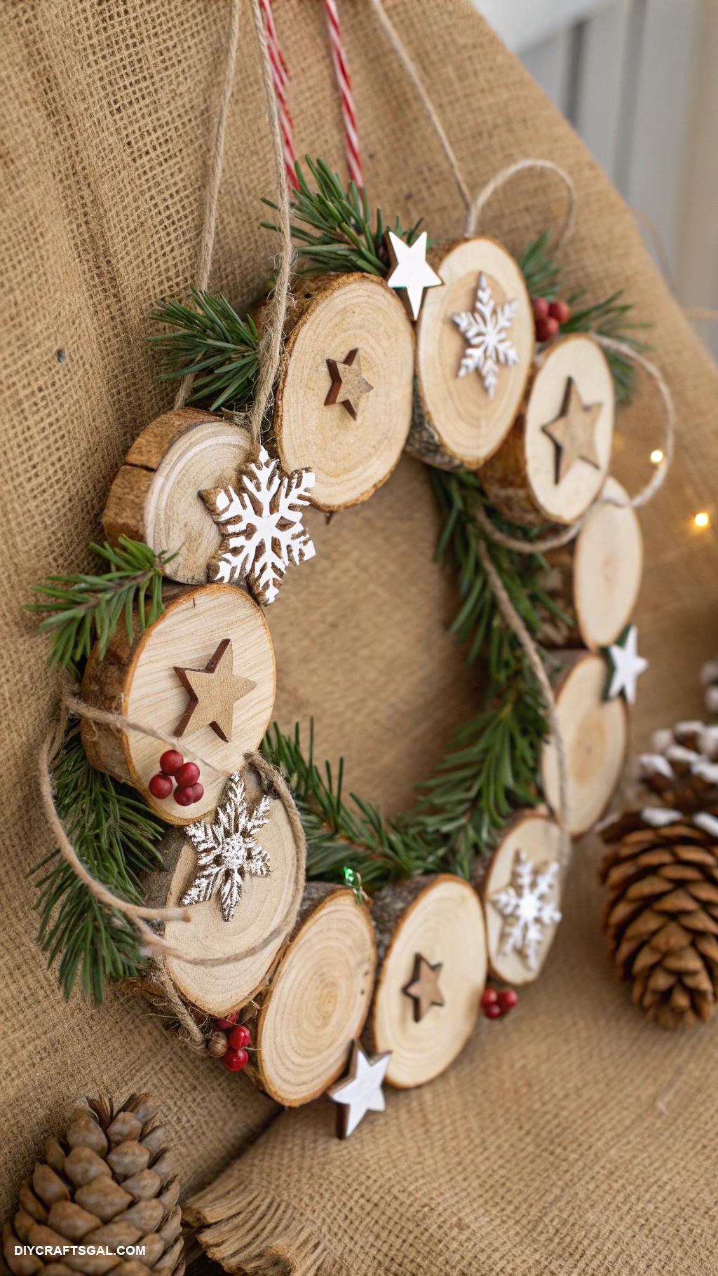 diy winter wreaths Rustic wood slice ornament wreath