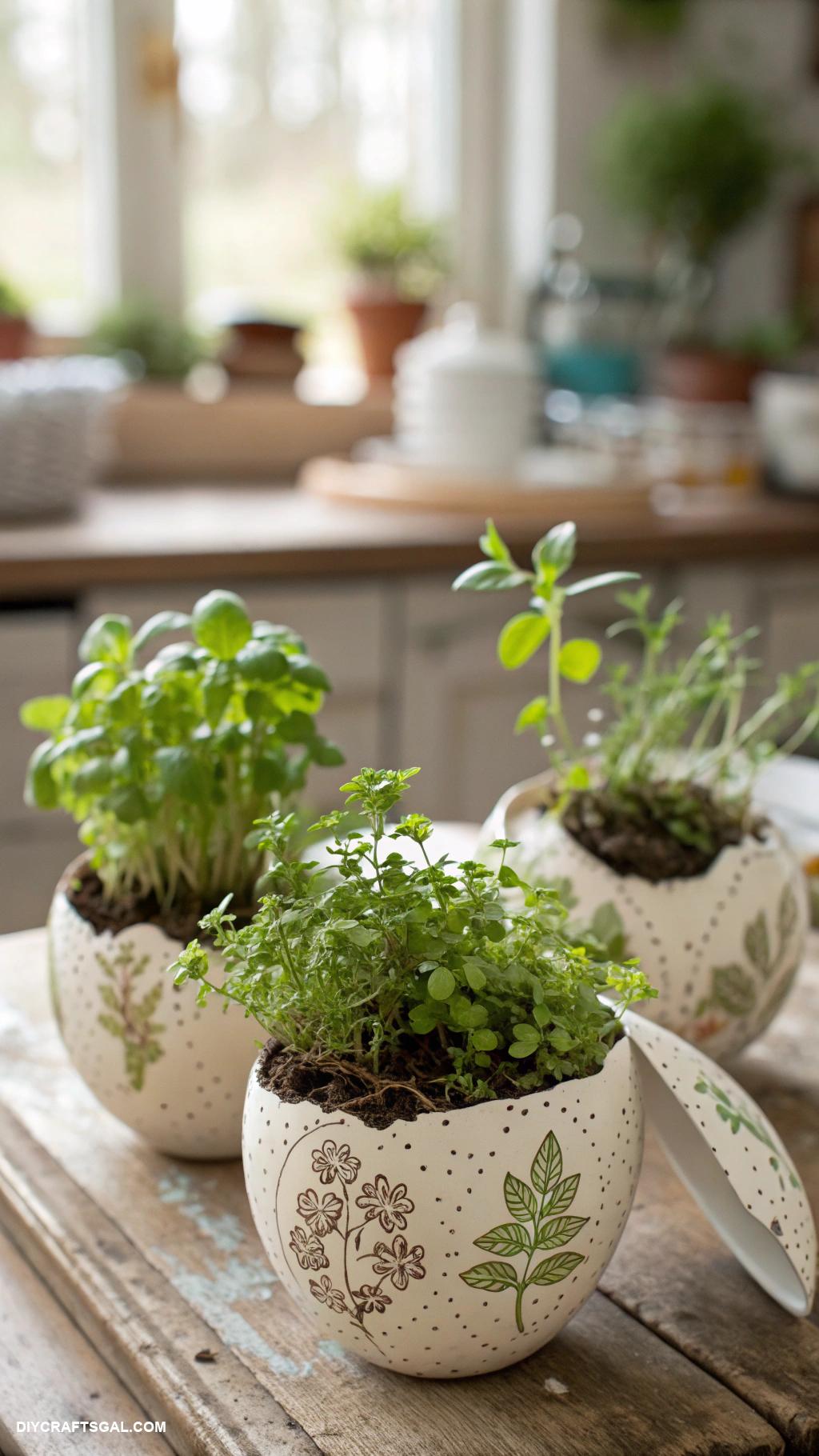 easy crafts Eggshell planters grow tiny herbs indoors