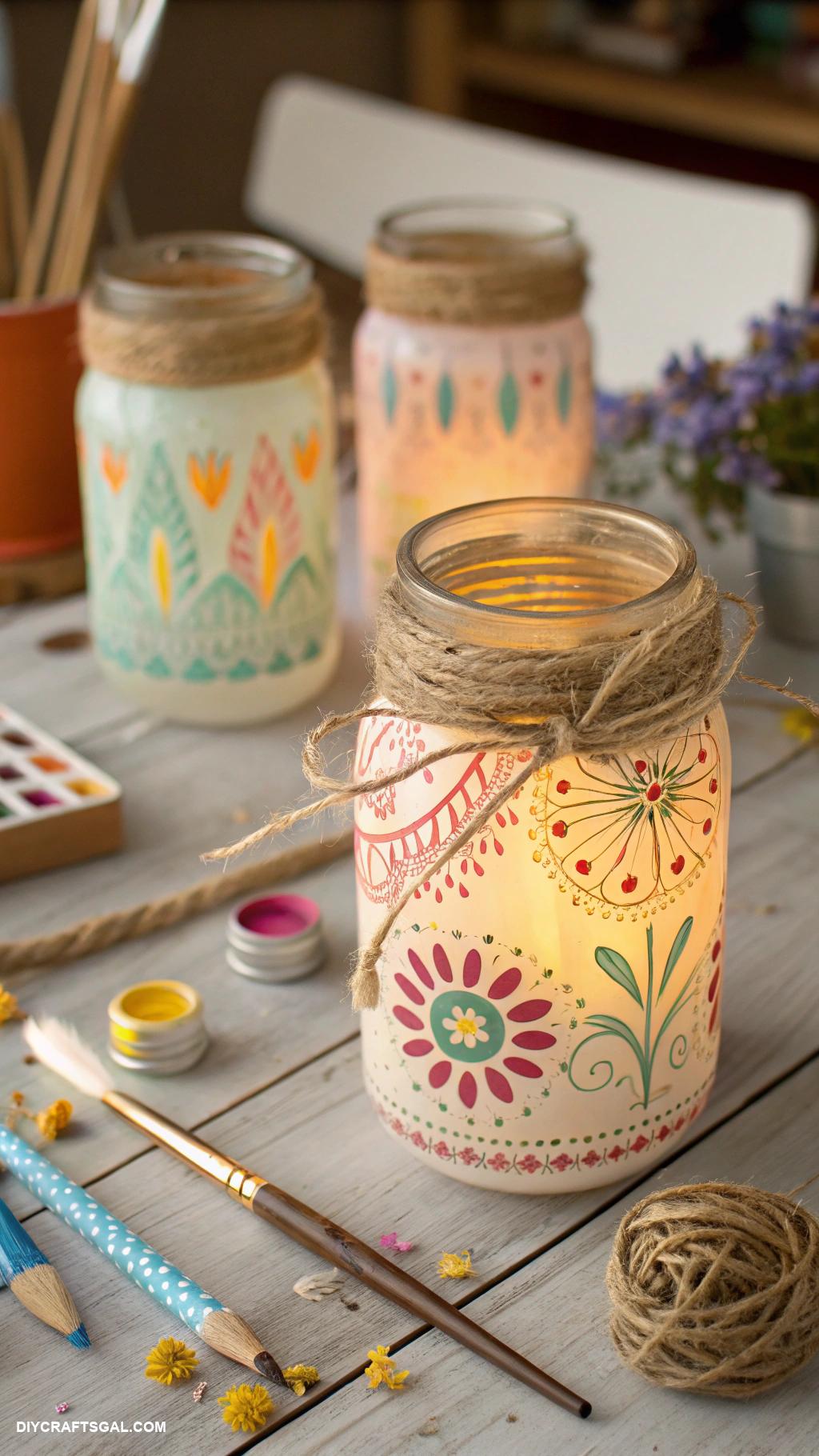 easy crafts Mason jar lanterns decorate with twine and paint
