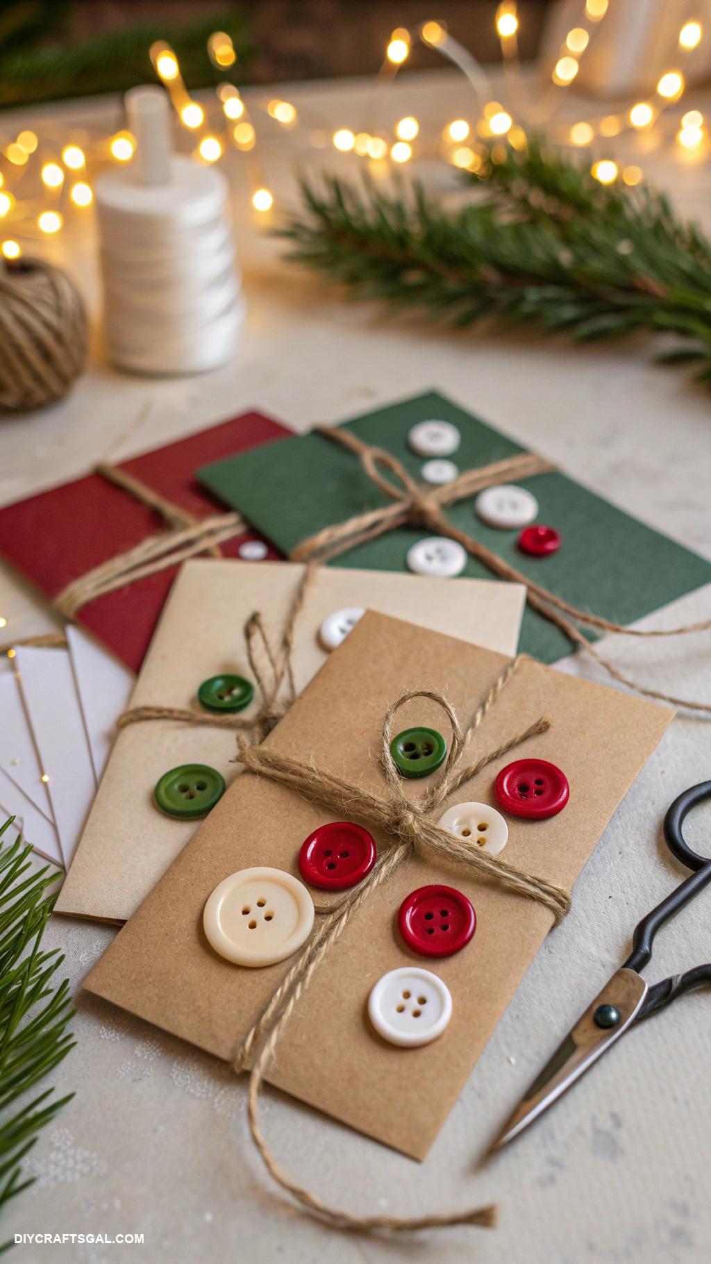 handmade christmas cards Button ornaments with twine on kraft paper
