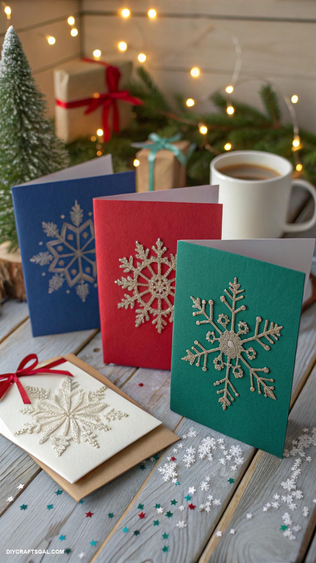 handmade christmas cards Embossed snowflakes on colored cardstock