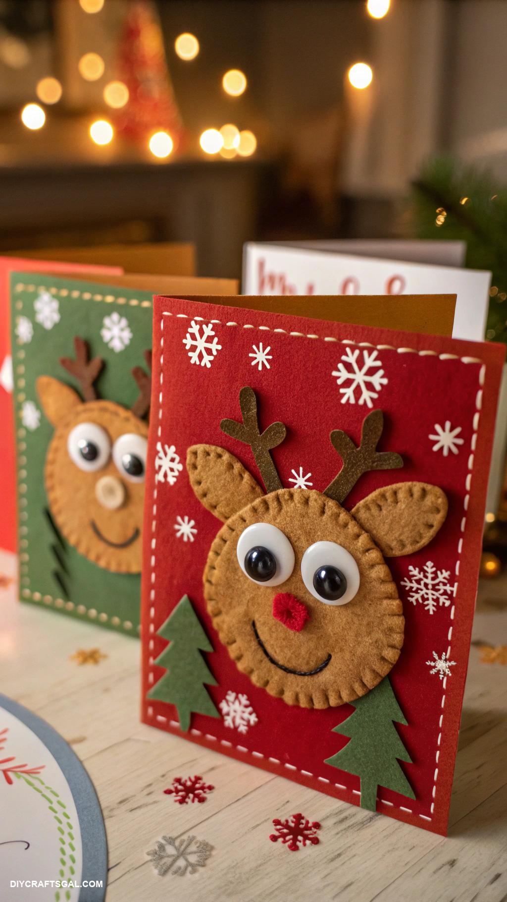 handmade christmas cards Felt reindeer with googly eyes and bells
