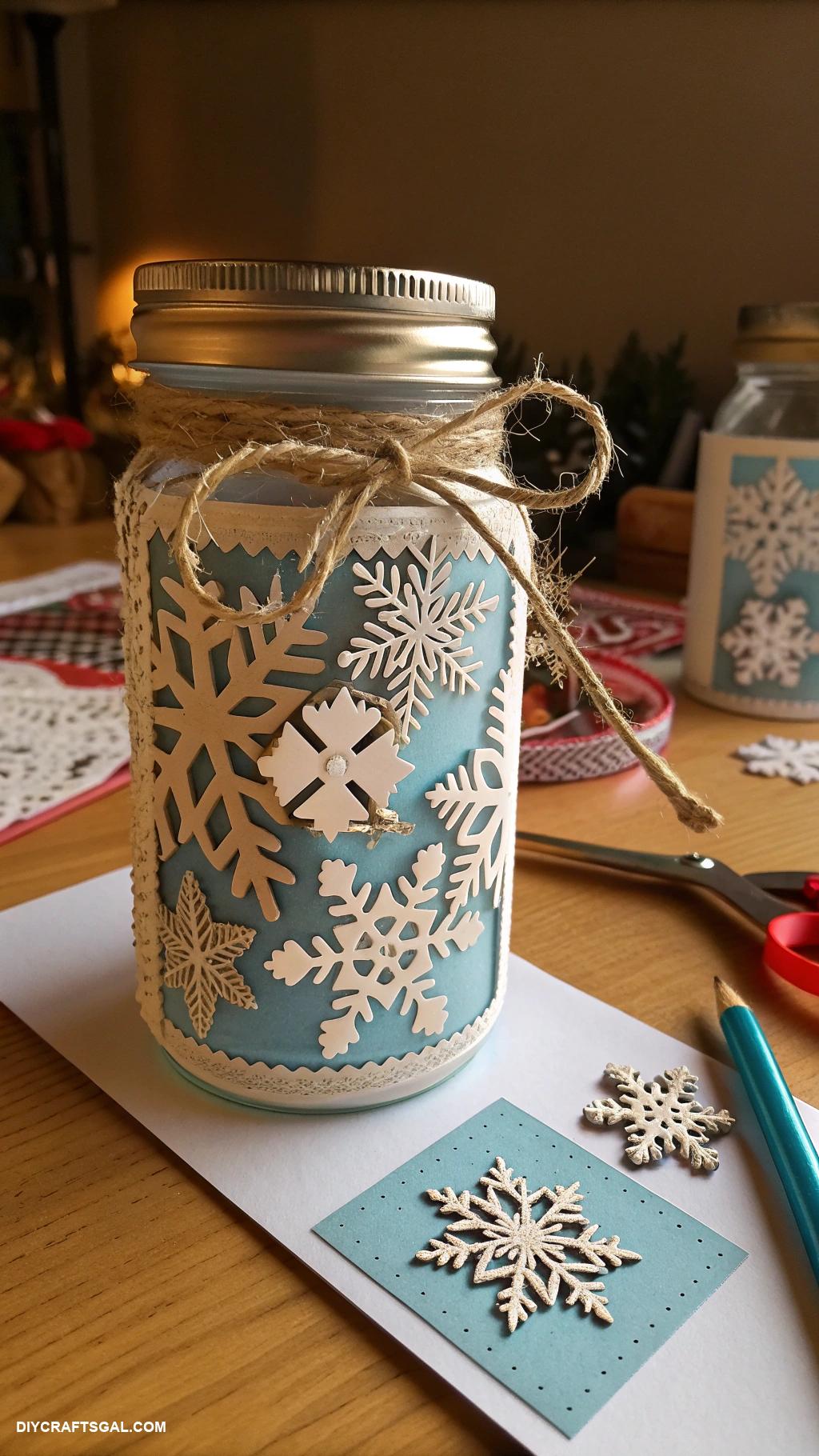 handmade christmas cards Mason jar with layered paper snowflakes