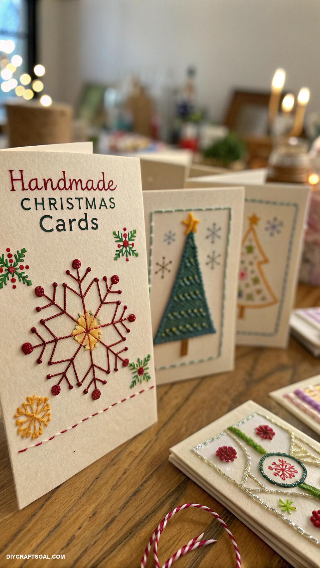 handmade christmas cards Stitched greeting with embroidery thread art