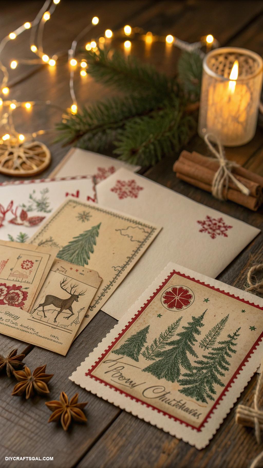 handmade christmas cards Vintage postcard style with festive stamps