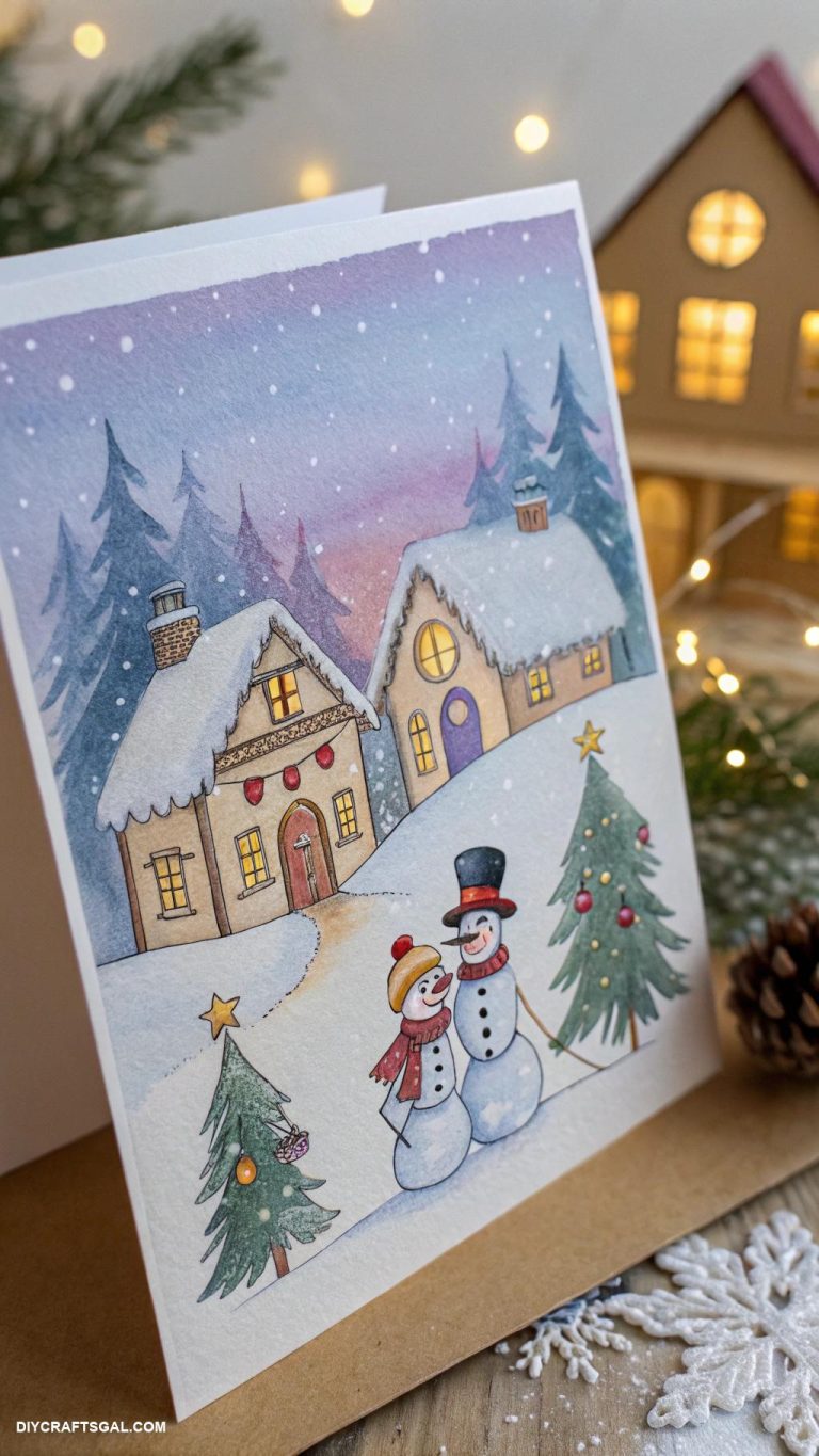 handmade christmas cards Watercolor holiday scene with glitter accents