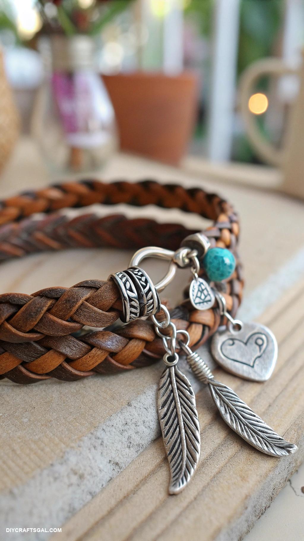 handmade jewelry Leather braided bracelet with charms