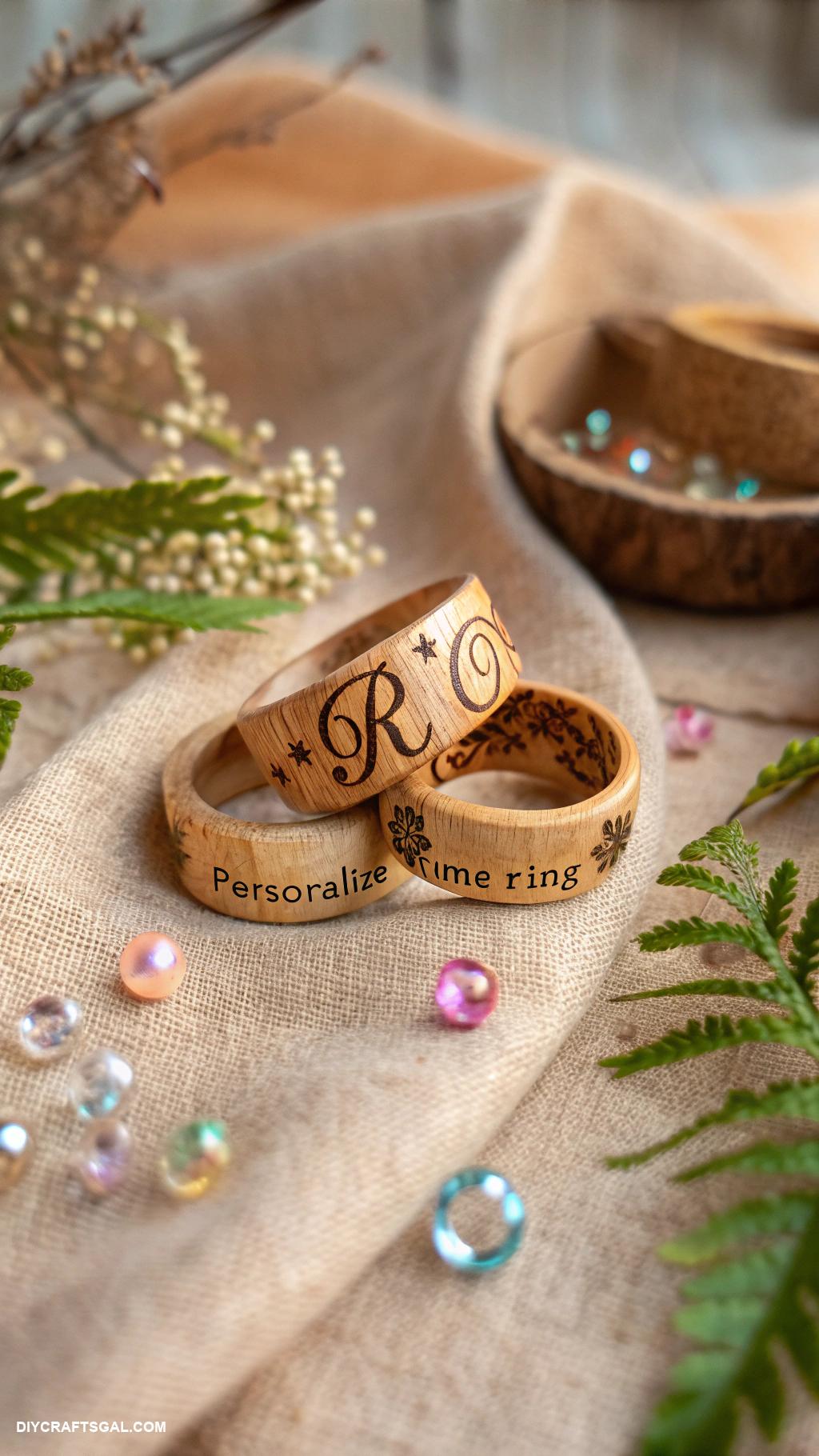 handmade jewelry Wood burned personalized name rings