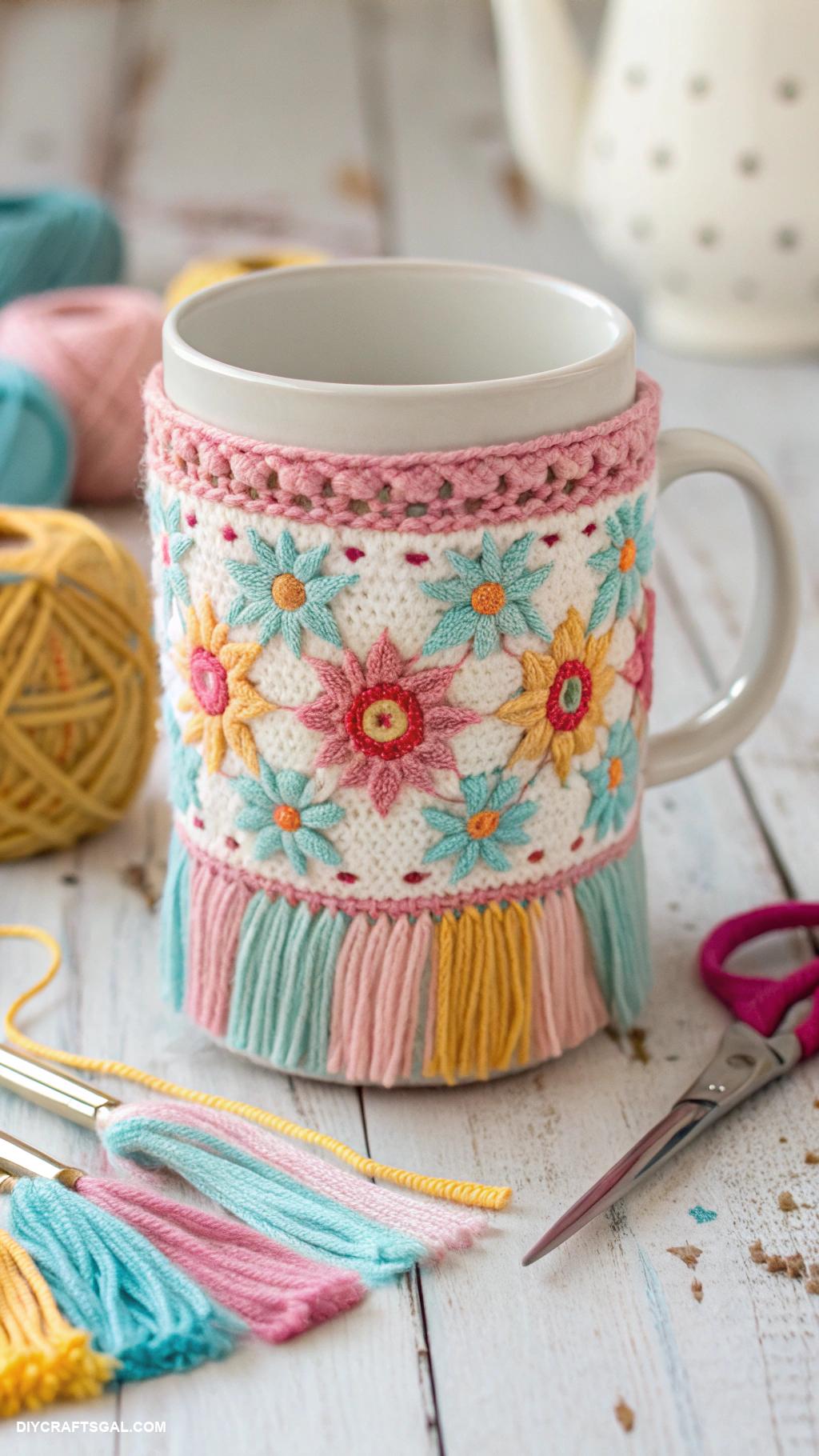 handmade mug Colorful crochet cozy for warmth