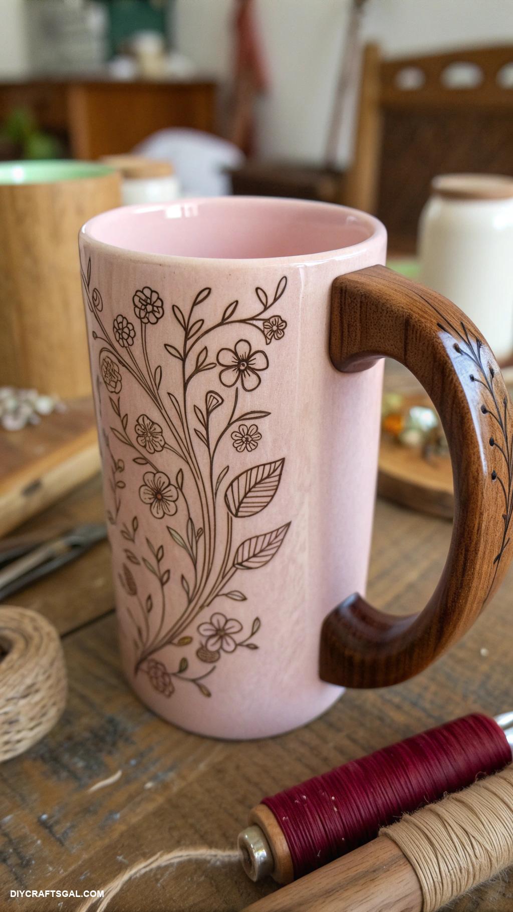 handmade mug Custom engraved wooden handle